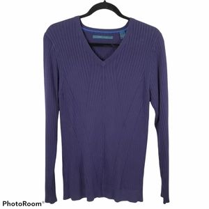*Perry Ellis Ribbed Navy Fitted V-Neck Sweater Medium Ribbed Knit Long Sleeve